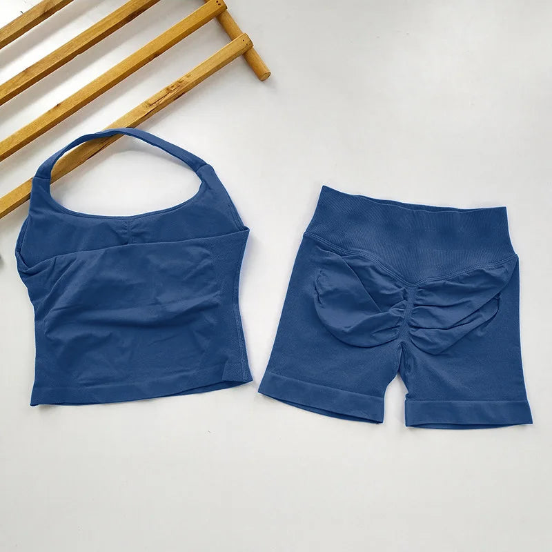  2 Piece Women Open Back Sports Halter Bra Scrunch Shorts set