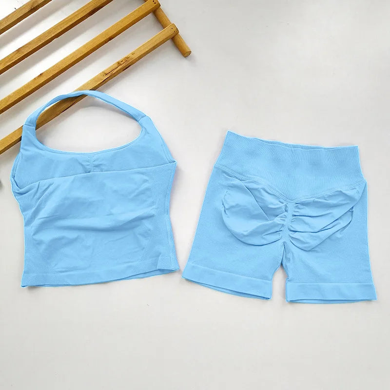  2 Piece Women Open Back Sports Halter Bra Scrunch Shorts set
