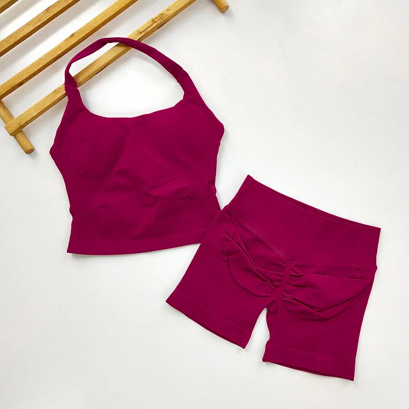  2 Piece Women Open Back Sports Halter Bra Scrunch Shorts set