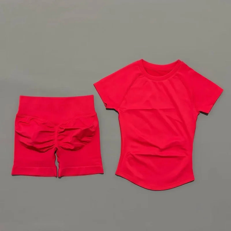 2 Pieces Short Sleeve Top and Seamless Scrunch Shorts Gym set 