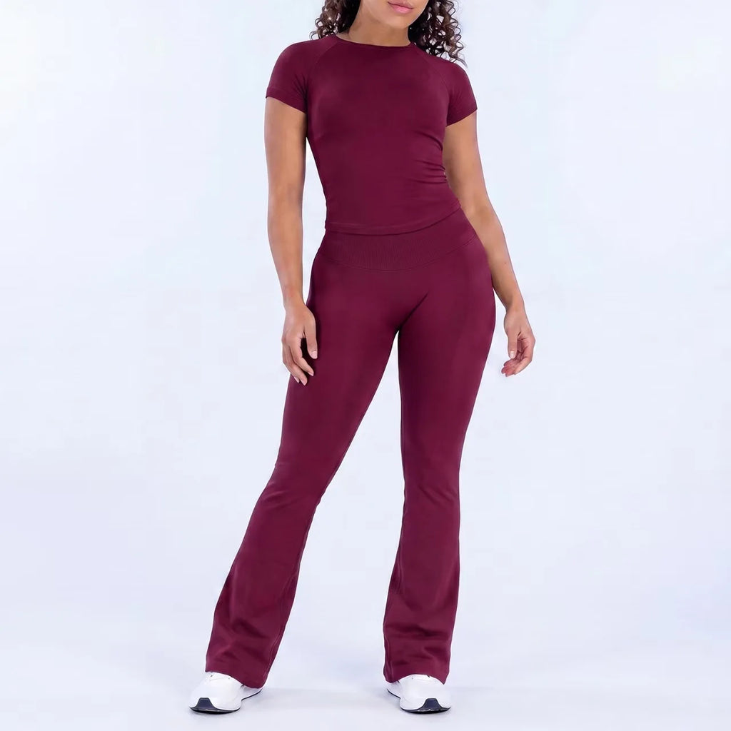 Two Piece Impact Flared Pants and Short Sleeve Top Set