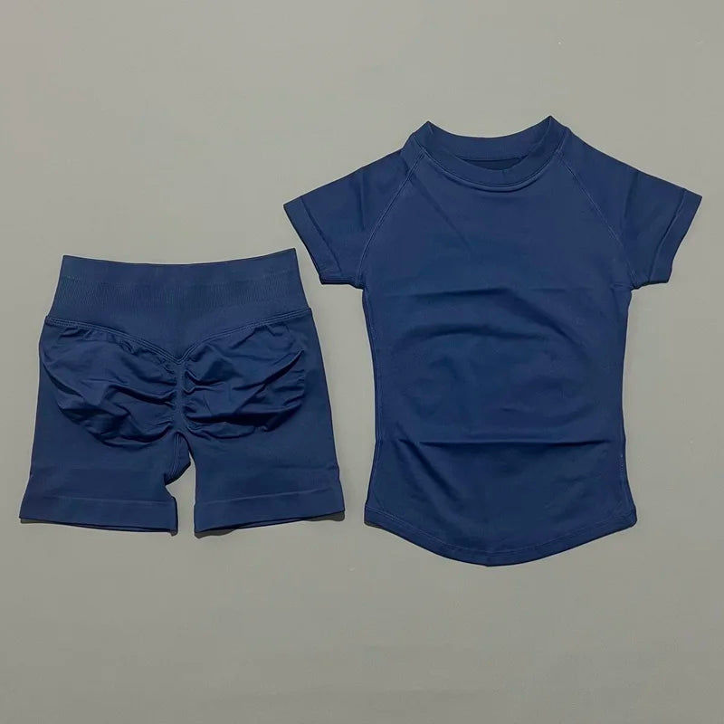 2 Pieces Short Sleeve Top and Seamless Scrunch Shorts Gym set 