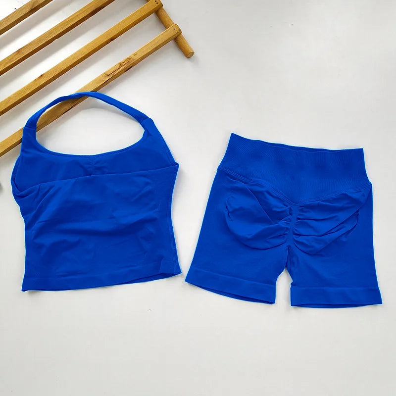  2 Piece Women Open Back Sports Halter Bra Scrunch Shorts set