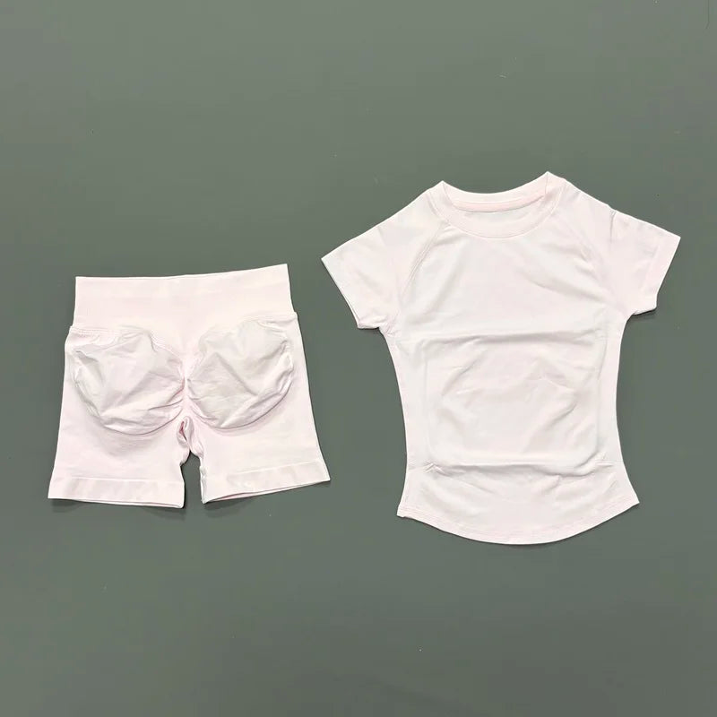 2 Pieces Short Sleeve Top and Seamless Scrunch Shorts Gym set 
