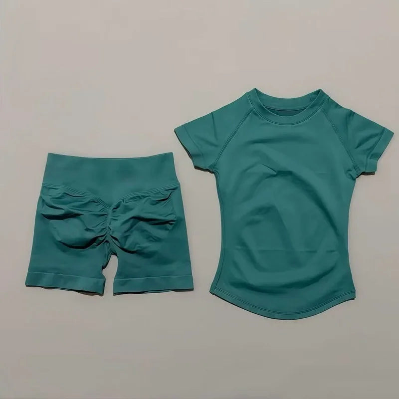 2 Pieces Short Sleeve Top and Seamless Scrunch Shorts Gym set 