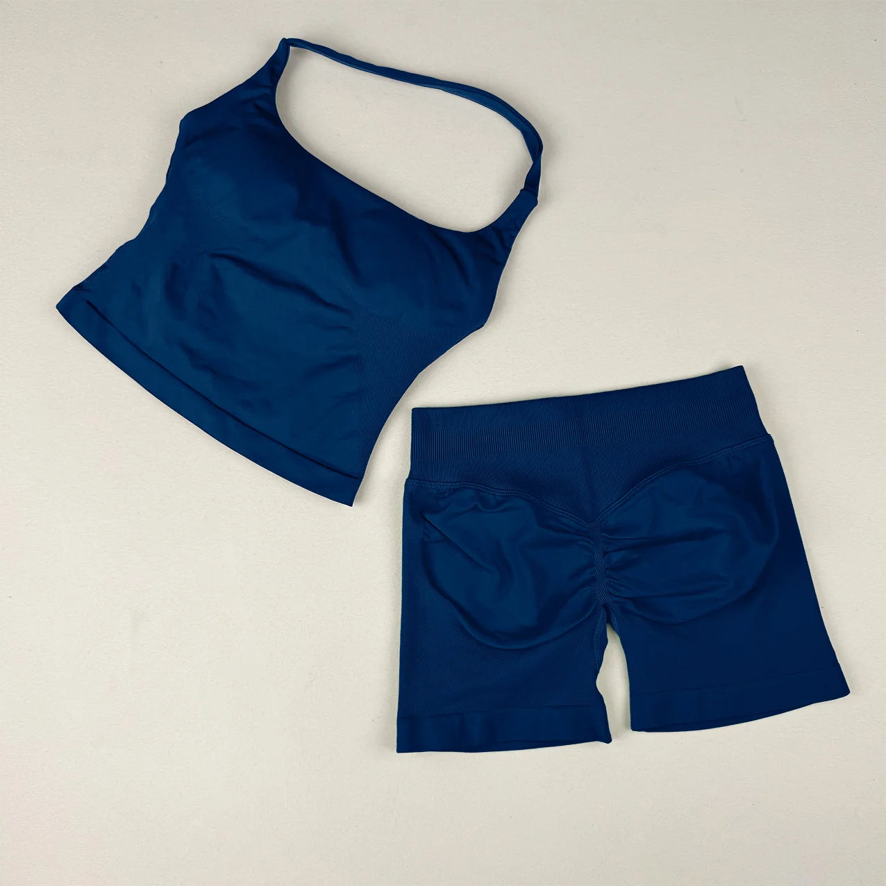  2 Piece Women Open Back Sports Halter Bra Scrunch Shorts set