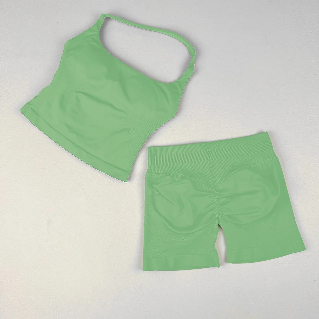  2 Piece Women Open Back Sports Halter Bra Scrunch Shorts set