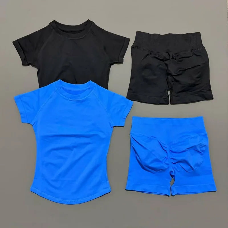 2 Pieces Short Sleeve Top and Seamless Scrunch Shorts Gym set 