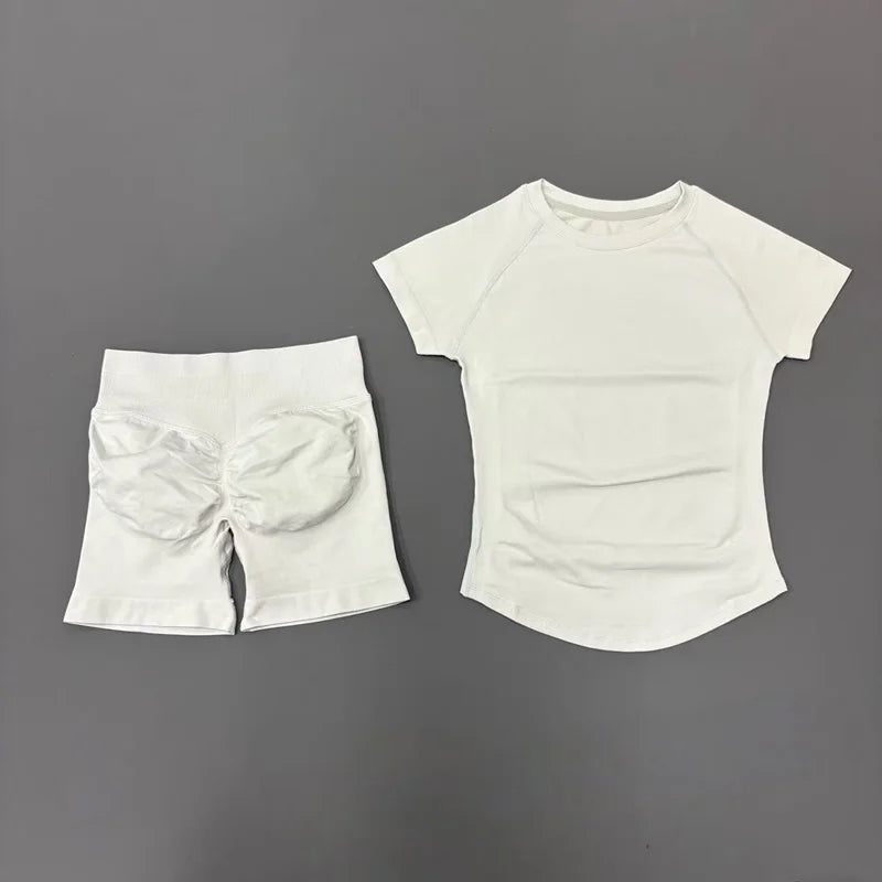 2 Pieces Short Sleeve Top and Seamless Scrunch Shorts Gym set 