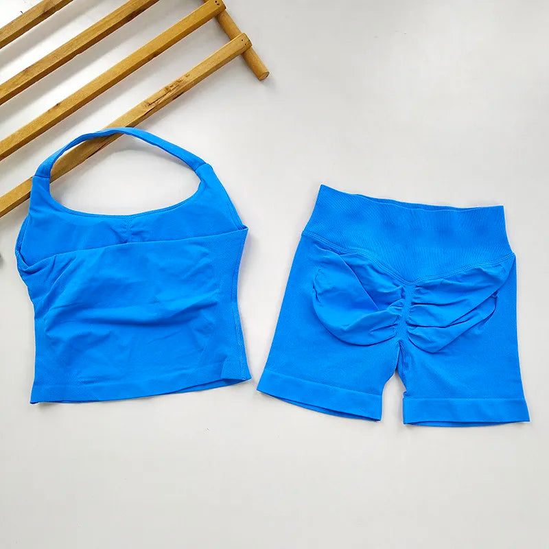  2 Piece Women Open Back Sports Halter Bra Scrunch Shorts set