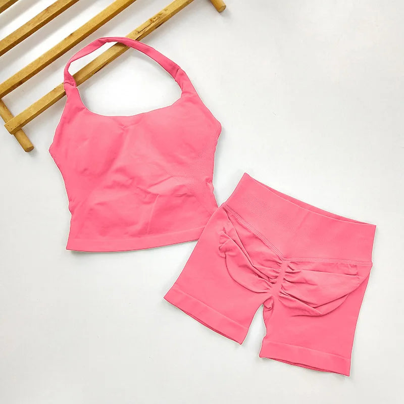  2 Piece Women Open Back Sports Halter Bra Scrunch Shorts set