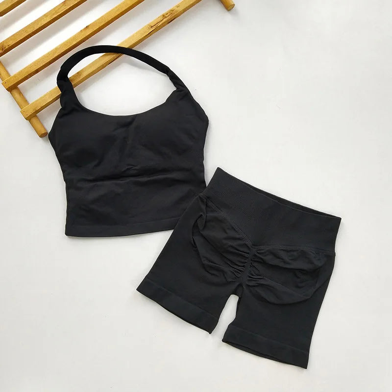  2 Piece Women Open Back Sports Halter Bra Scrunch Shorts set