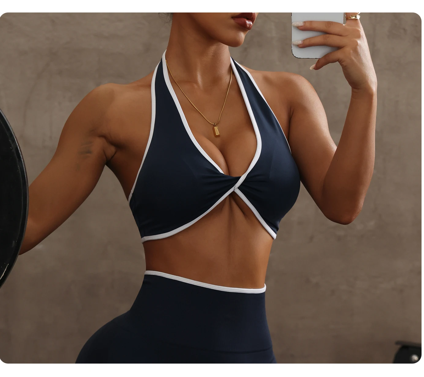 Two Piece Contrast Trim Halter Sports Bra and High Waist Seamless Leggings Set