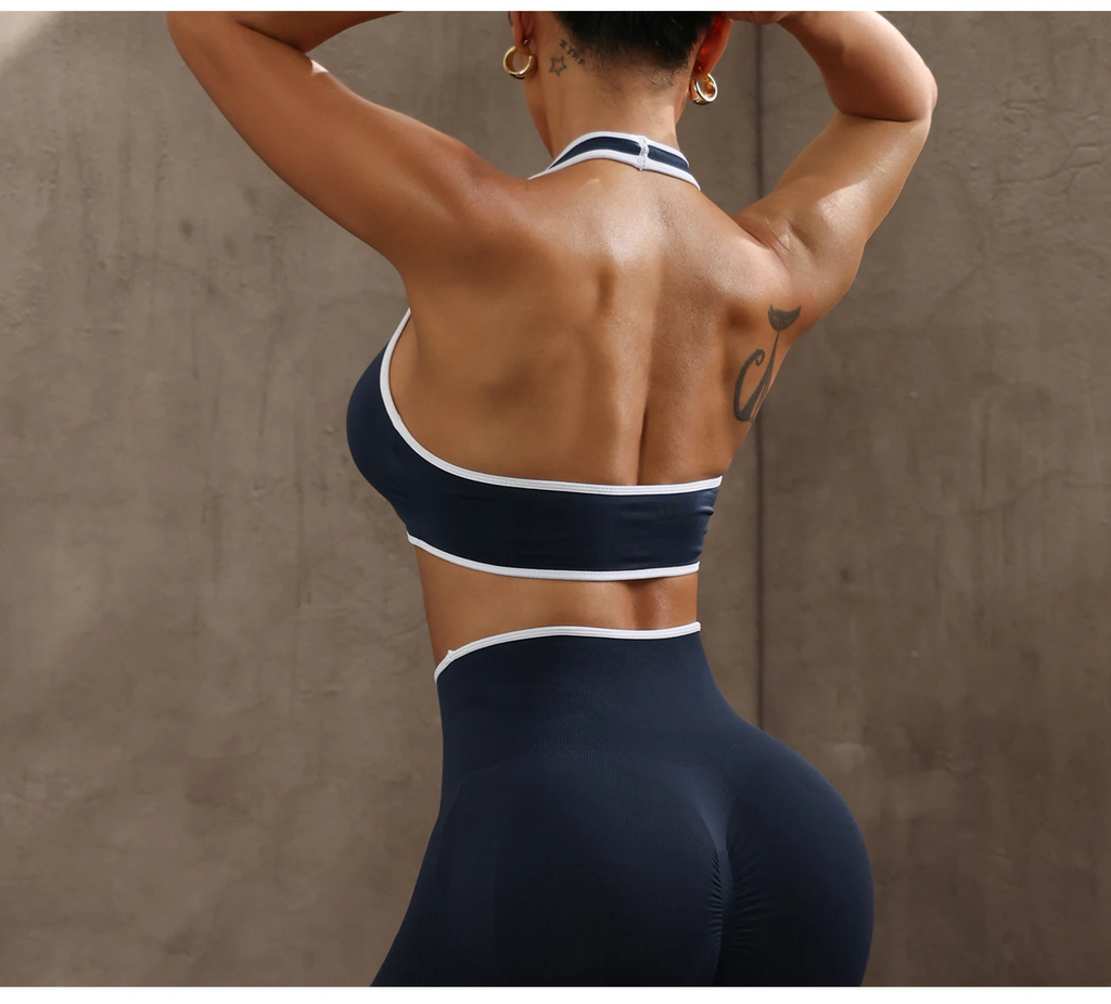 Two Piece Contrast Trim Halter Sports Bra and High Waist Seamless Leggings Set