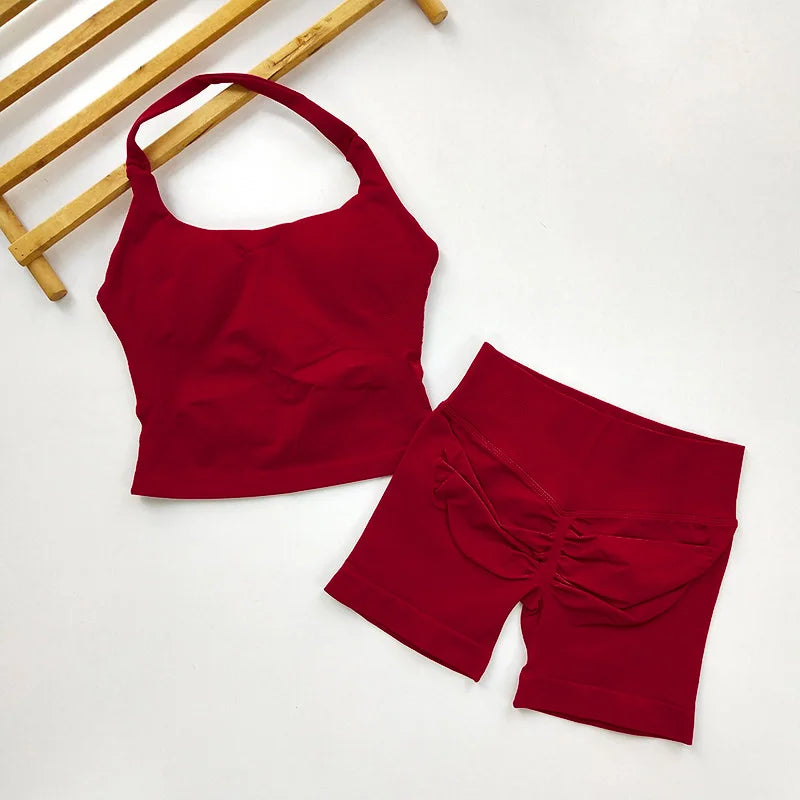  2 Piece Women Open Back Sports Halter Bra Scrunch Shorts set