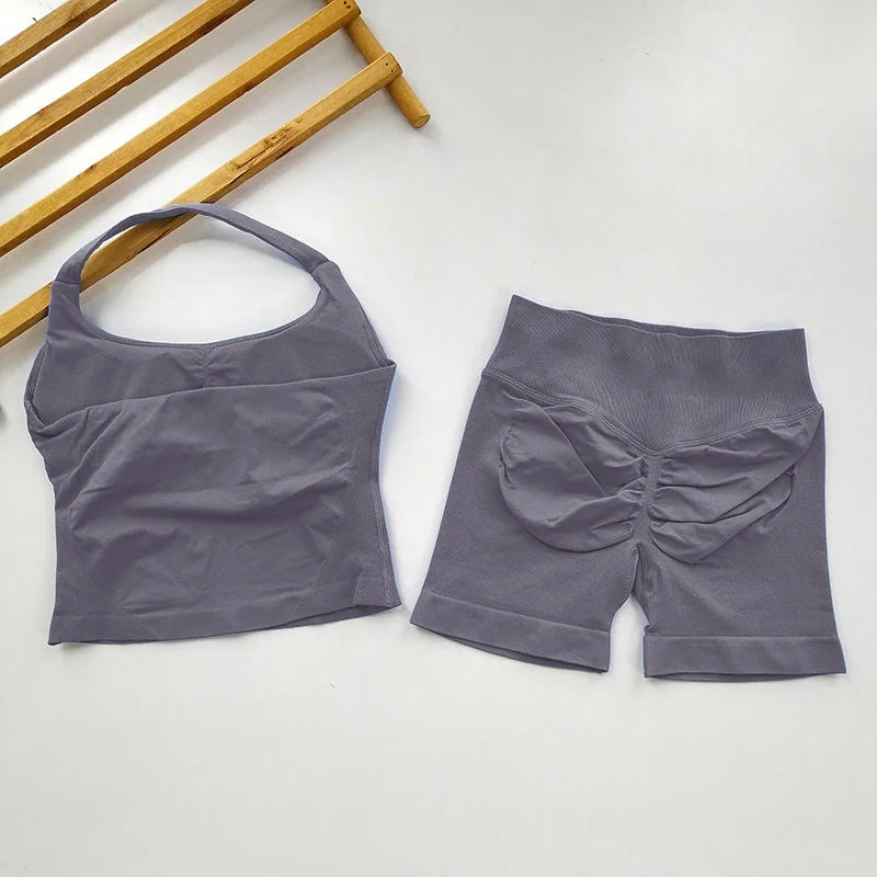  2 Piece Women Open Back Sports Halter Bra Scrunch Shorts set