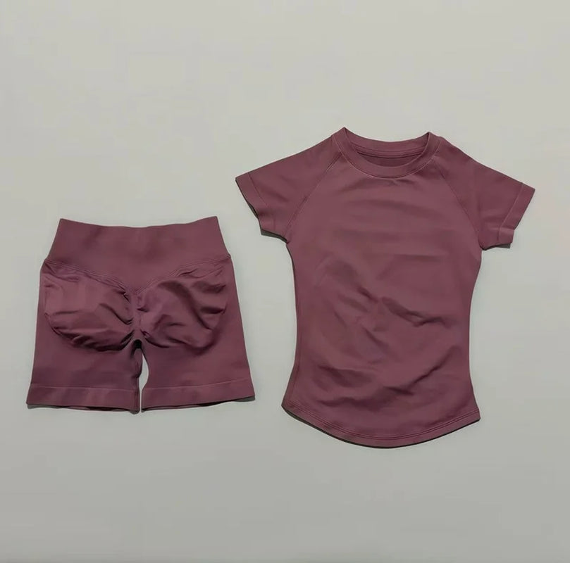 2 Pieces Short Sleeve Top and Seamless Scrunch Shorts Gym set 