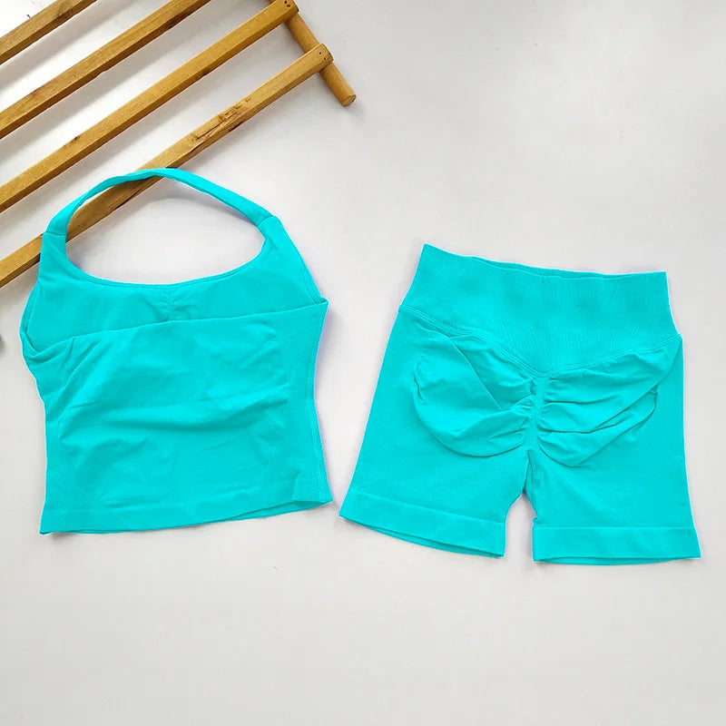  2 Piece Women Open Back Sports Halter Bra Scrunch Shorts set