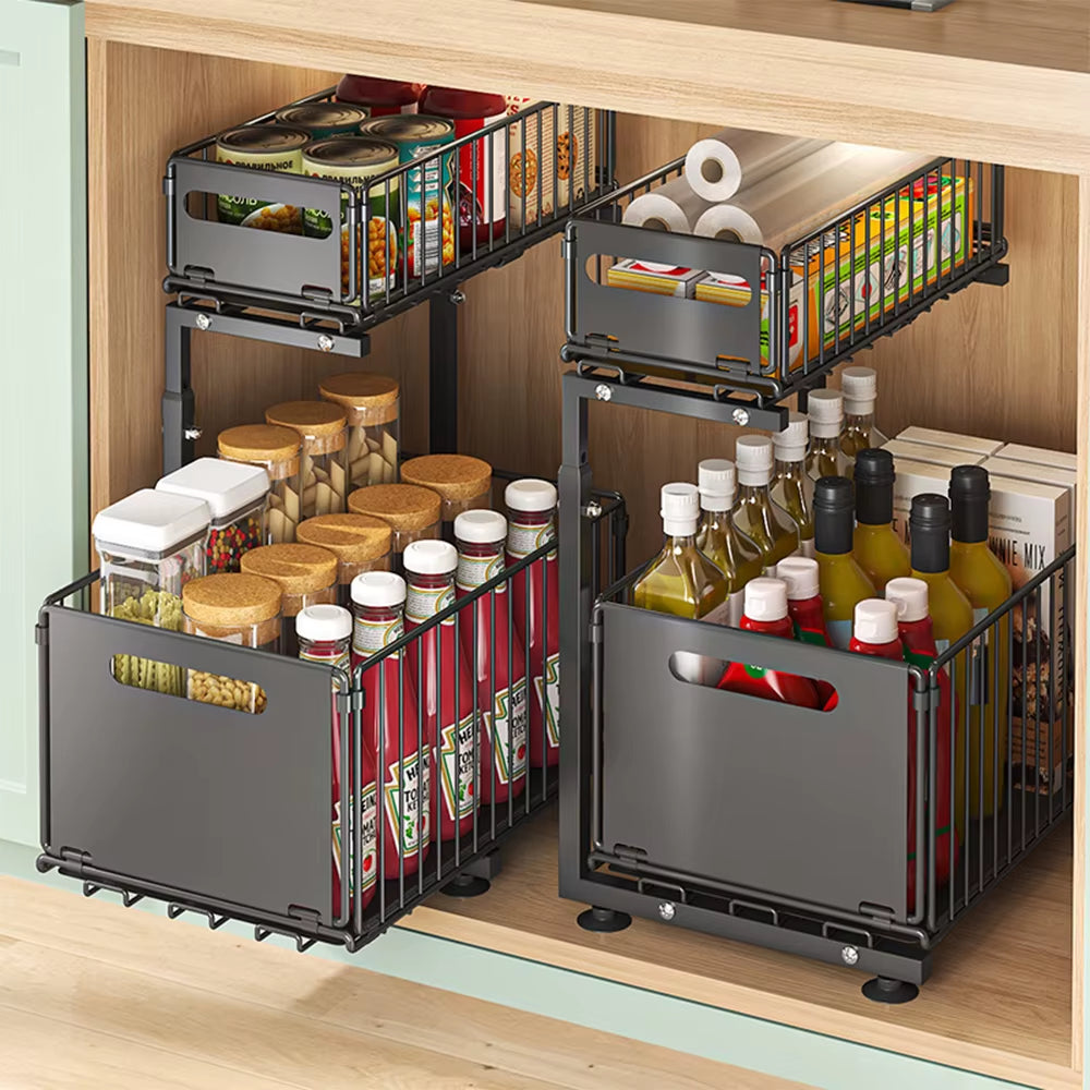 2 Tier Pull Out Adjustable Kitchen Storage Rack 
