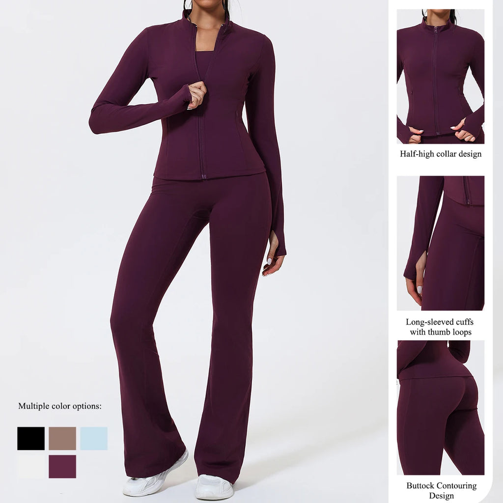 Two Piece Flare Pants and Long Sleeve Zip Up Jacket Set