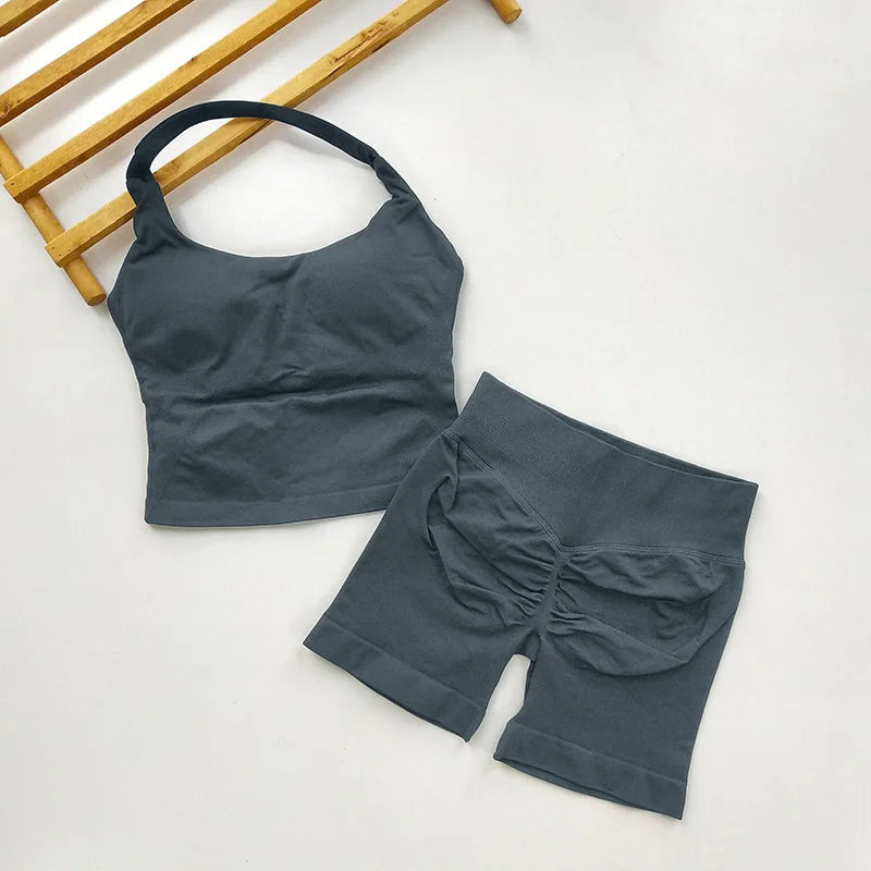  2 Piece Women Open Back Sports Halter Bra Scrunch Shorts set