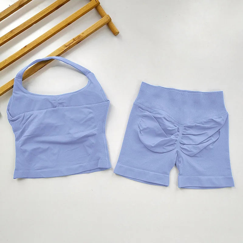  2 Piece Women Open Back Sports Halter Bra Scrunch Shorts set