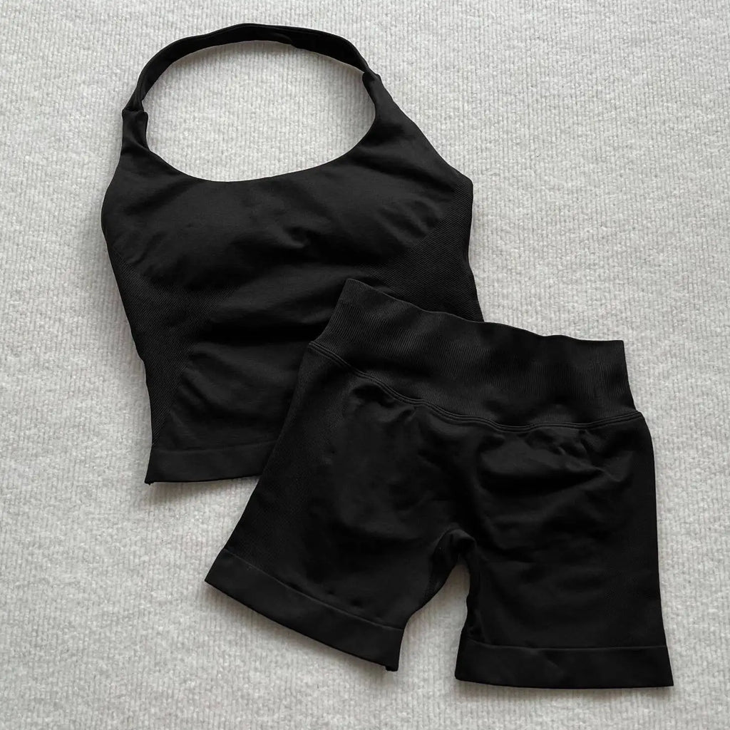  2 Piece Women Open Back Sports Halter Bra Scrunch Shorts set
