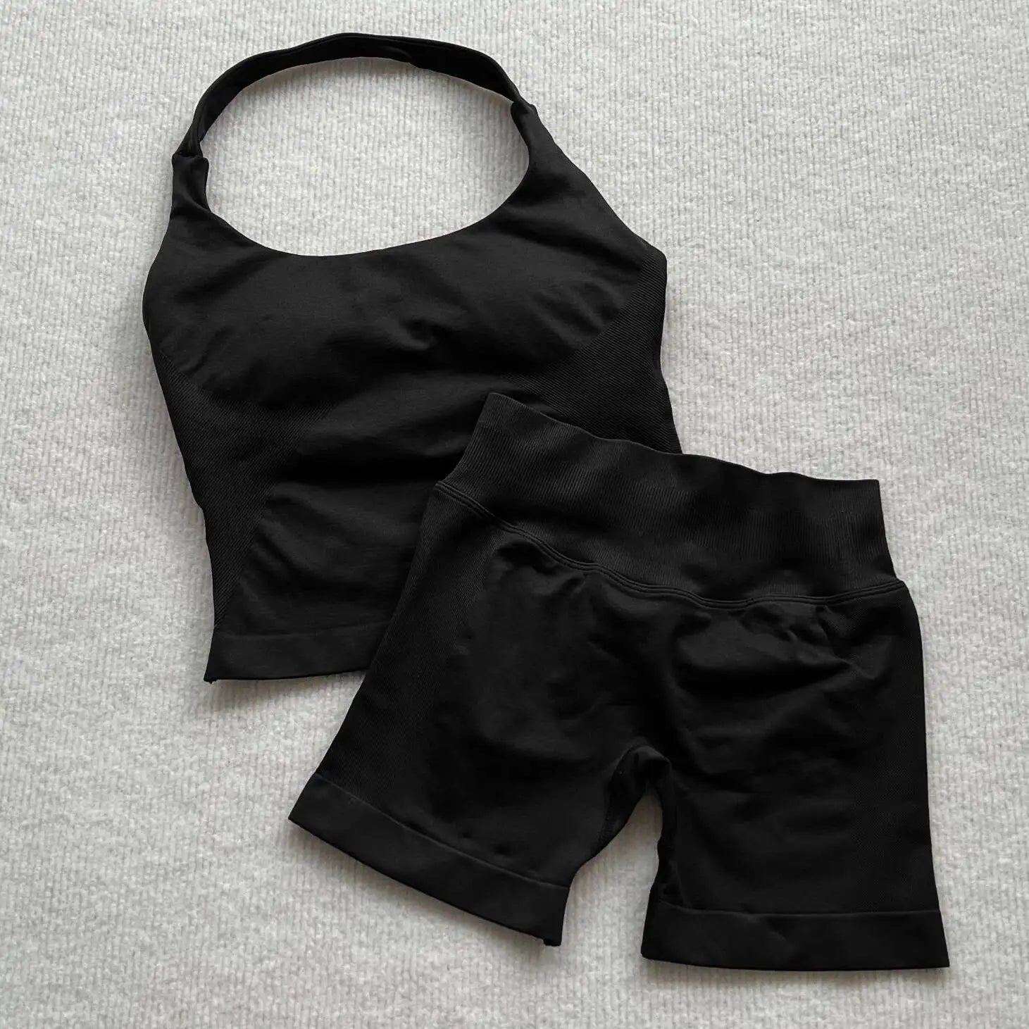  2 Piece Women Open Back Sports Halter Bra Scrunch Shorts set