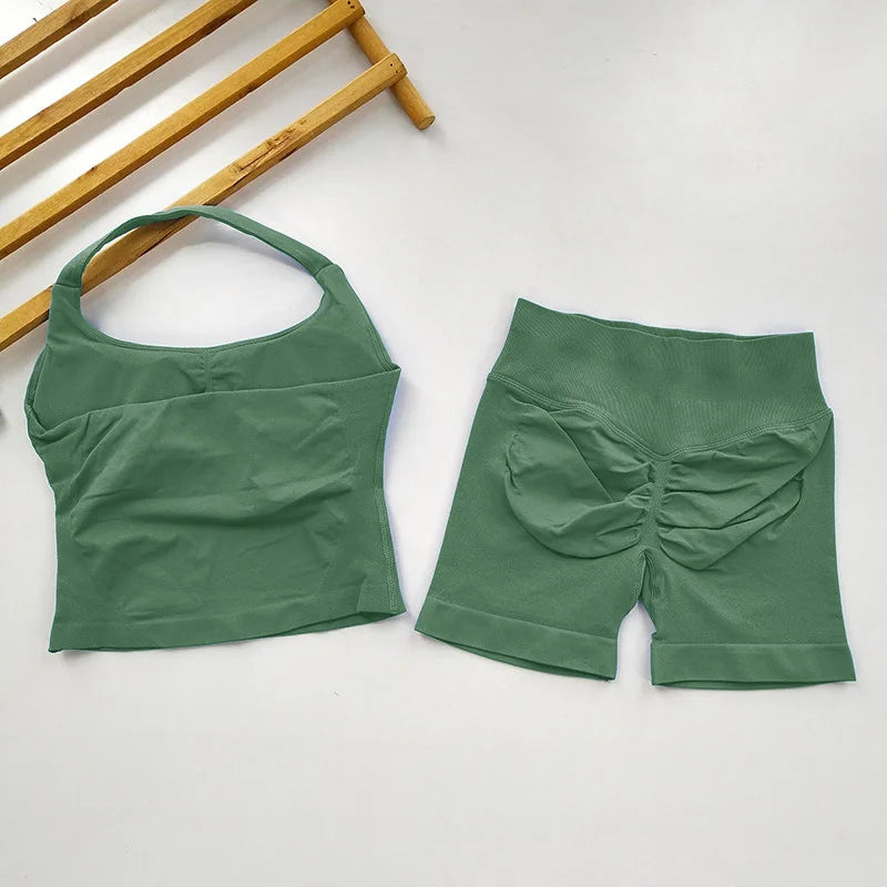  2 Piece Women Open Back Sports Halter Bra Scrunch Shorts set