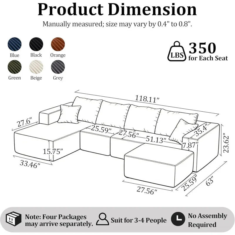 Modular U-Shaped Cloud Couch with Deep Seats & Chaise for Living Room