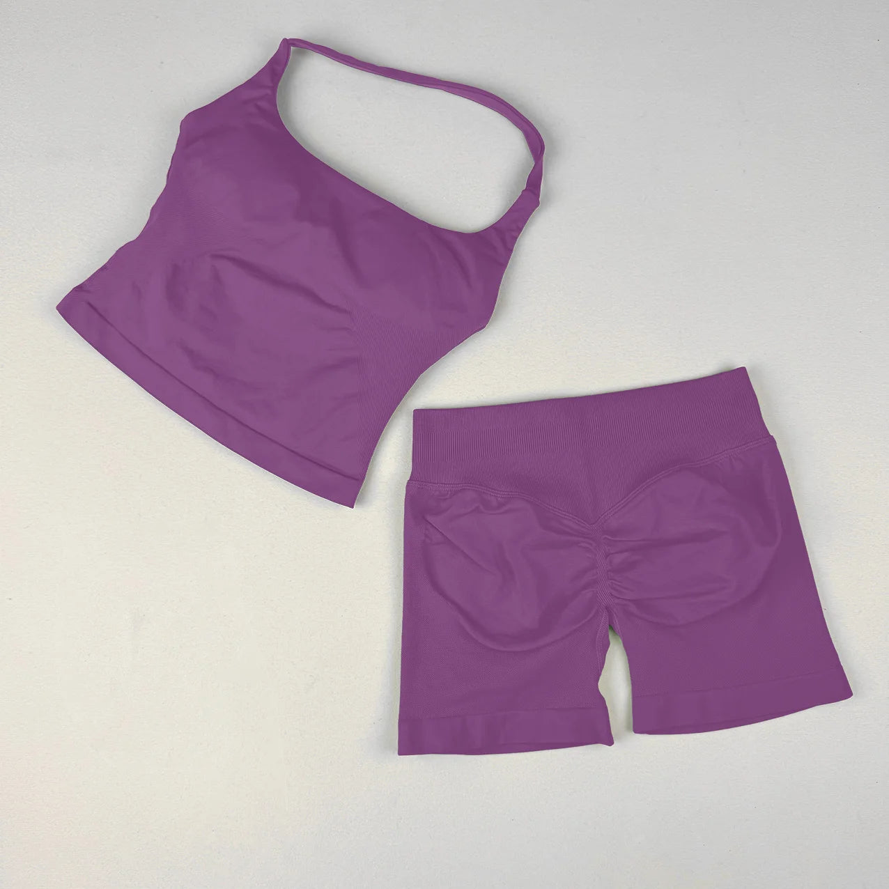  2 Piece Women Open Back Sports Halter Bra Scrunch Shorts set