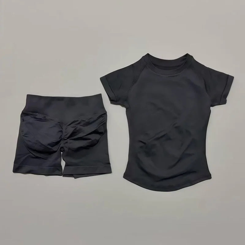 2 Pieces Short Sleeve Top and Seamless Scrunch Shorts Gym set 