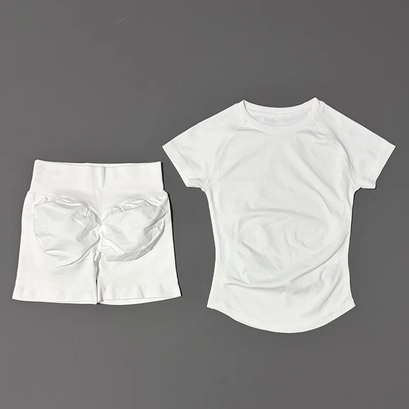 2 Pieces Short Sleeve Top and Seamless Scrunch Shorts Gym set 