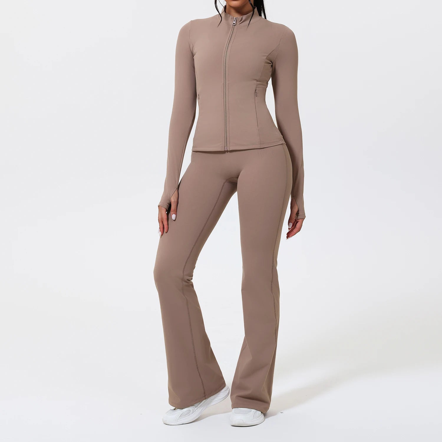 Two Piece Flare Pants and Long Sleeve Zip Up Jacket Set