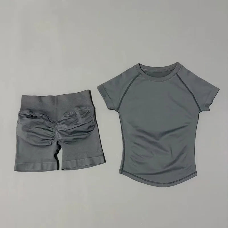 2 Pieces Short Sleeve Top and Seamless Scrunch Shorts Gym set 