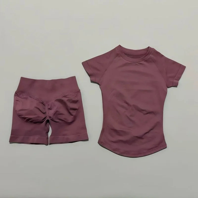 2 Pieces Short Sleeve Top and Seamless Scrunch Shorts Gym set 