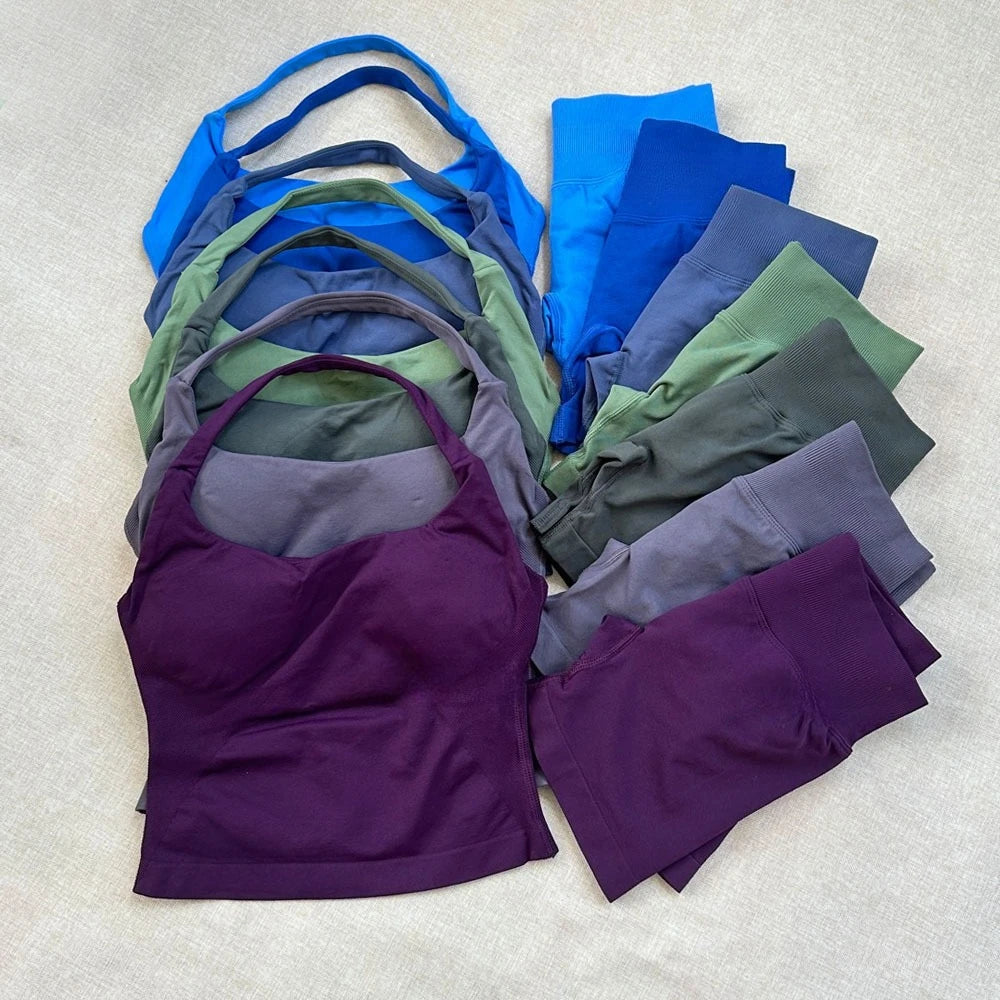  2 Piece Women Open Back Sports Halter Bra Scrunch Shorts set