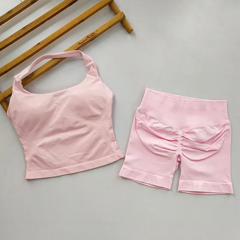  2 Piece Women Open Back Sports Halter Bra Scrunch Shorts set