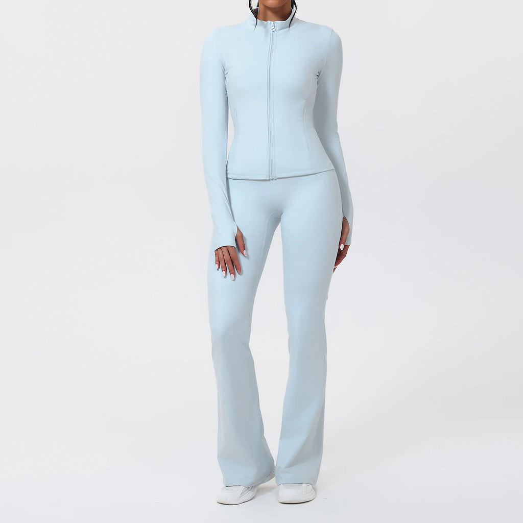 Two Piece Flare Pants and Long Sleeve Zip Up Jacket Set