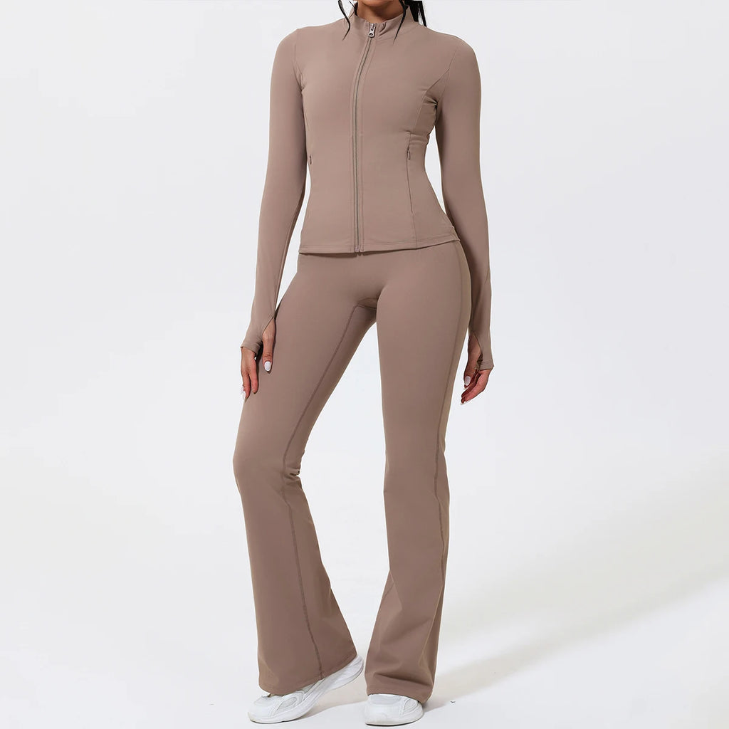 Two Piece Flare Pants and Long Sleeve Zip Up Jacket Set