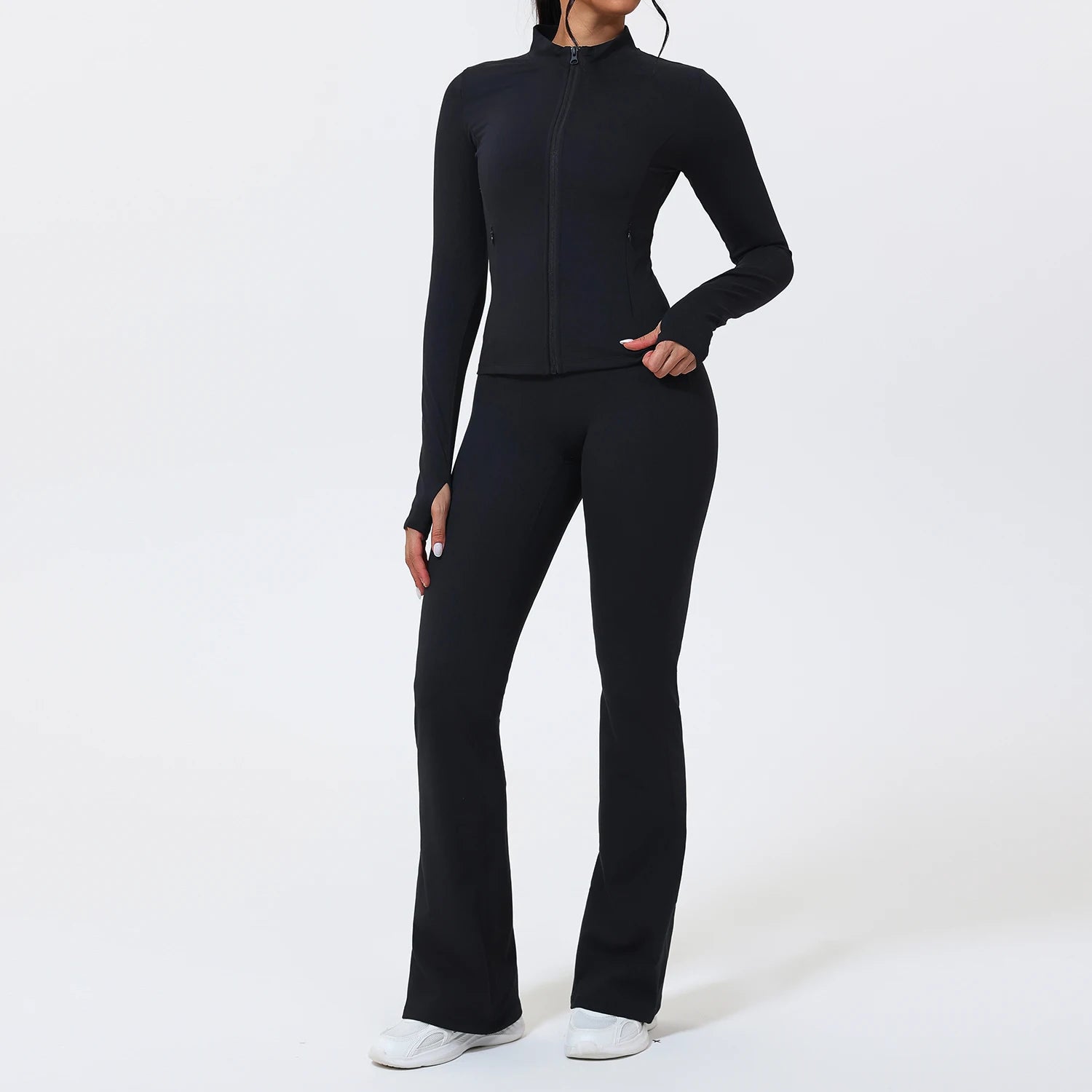 Two Piece Flare Pants and Long Sleeve Zip Up Jacket Set