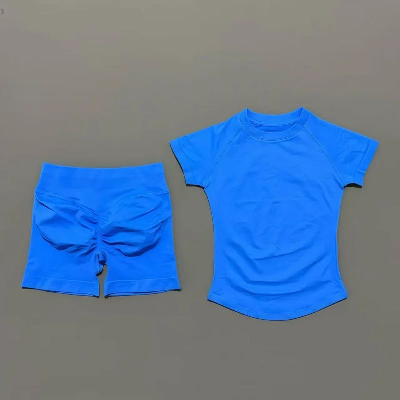 2 Pieces Short Sleeve Top and Seamless Scrunch Shorts Gym set 