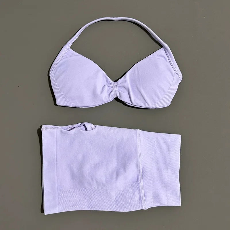 2 Piece Women Strappy Yoga Bra Scrunch Shorts  Set