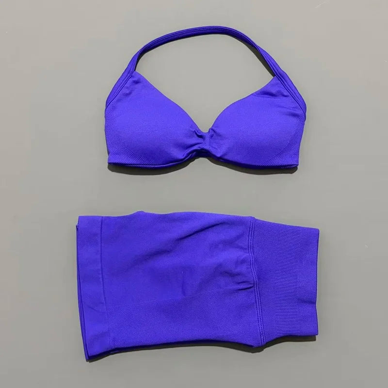 2 Piece Women Strappy Yoga Bra Scrunch Shorts  Set
