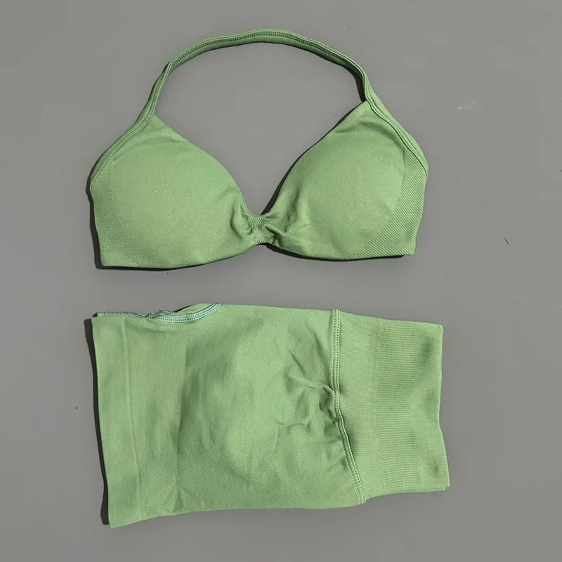 2 Piece Women Strappy Yoga Bra Scrunch Shorts  Set
