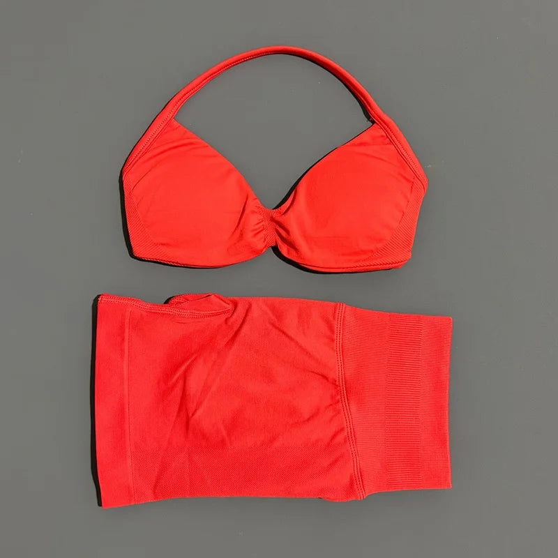 2 Piece Women Strappy Yoga Bra Scrunch Shorts  Set