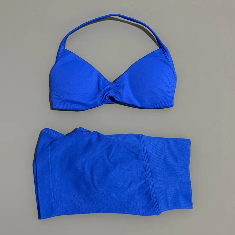2 Piece Women Strappy Yoga Bra Scrunch Shorts  Set