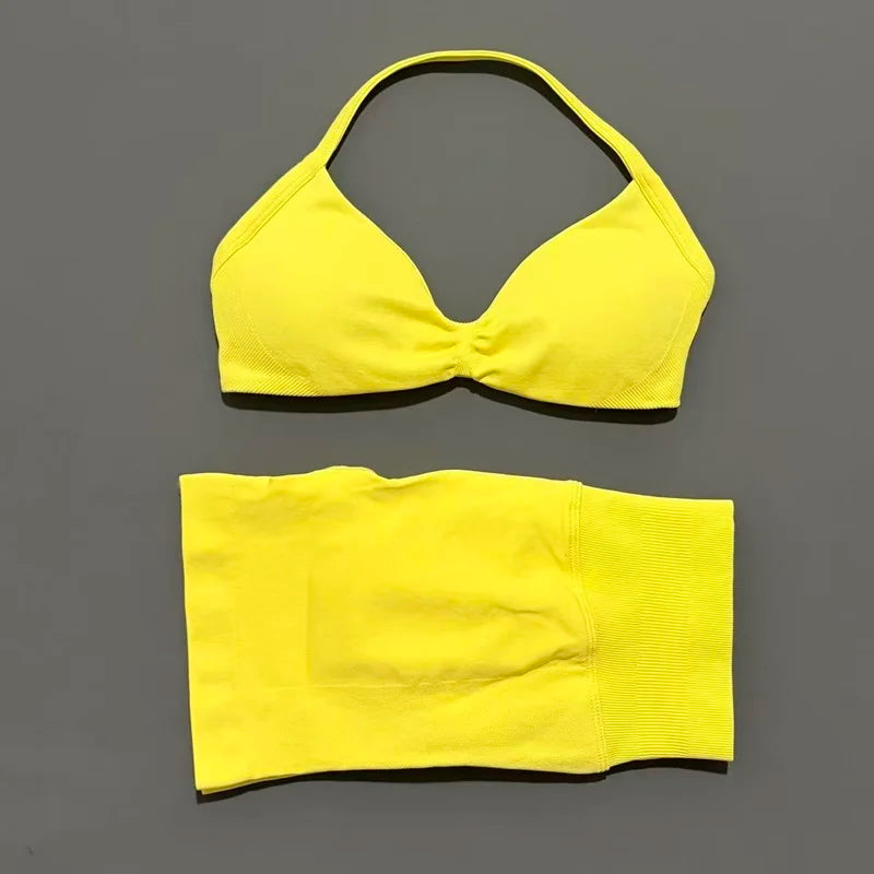 2 Piece Women Strappy Yoga Bra Scrunch Shorts  Set