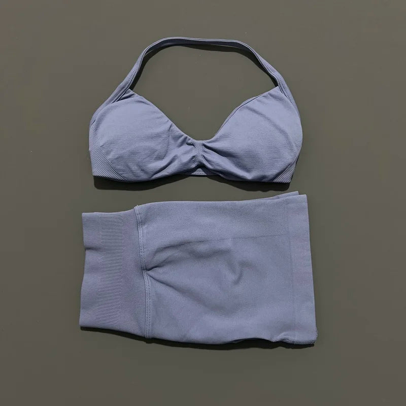 2 Piece Women Strappy Yoga Bra Scrunch Shorts  Set