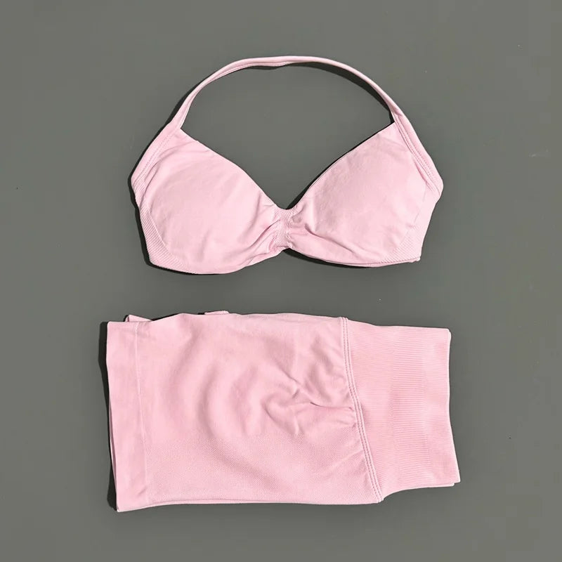 2 Piece Women Strappy Yoga Bra Scrunch Shorts  Set